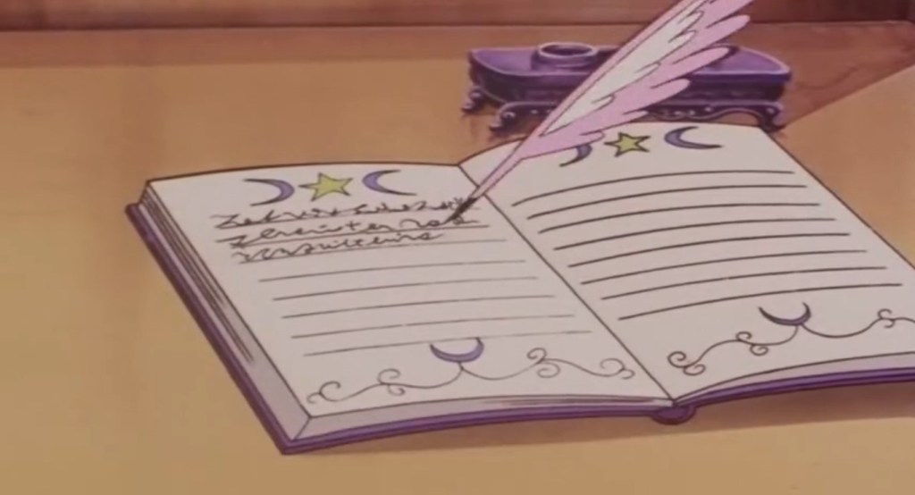 Una scena del primo episodio di Lalabel. Si vede il diario nel quale la maghetta annota i proverbi.